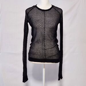 CAbi Pointelle Open Knit Sweater Womens Medium Black Long Sleeve Sheer Style 466